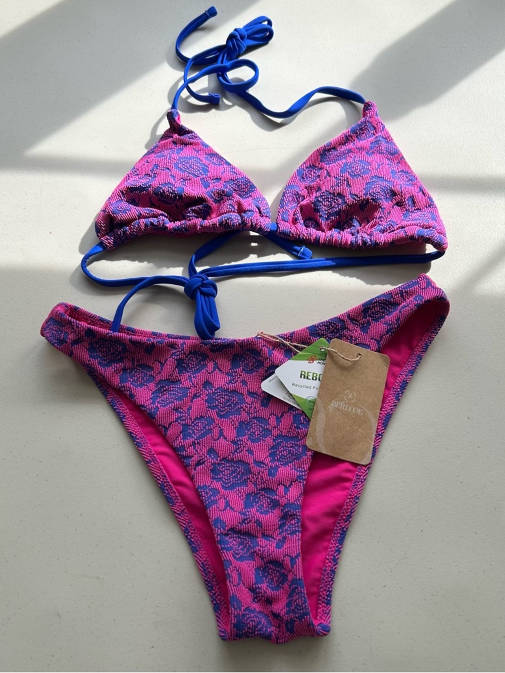 Berlook Bikini Set Pink Rose Floral Jacquard Triangle Top Small Swimwear - Picture 10 of 10